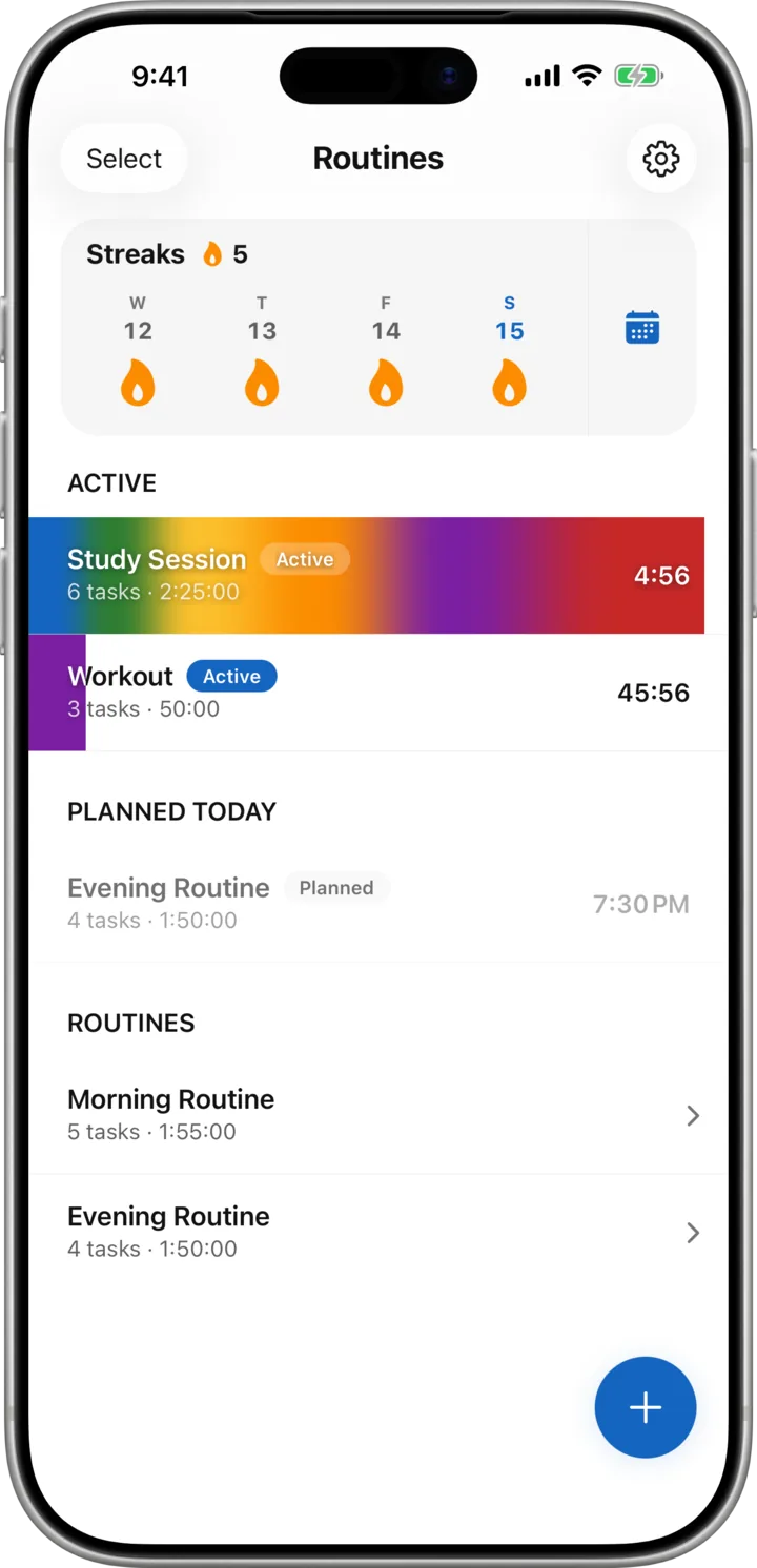 Routinen-Bildschirm: Lernsession und Workout laufen gleichzeitig, eine Abendroutine ist geplant
